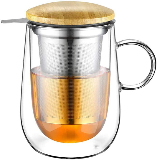 Tea Infuser Mug 14.5oz Insulated Heatproof Glass Tea Cup with Removable Infuser and Lid, Clear Glass Teacup 430ml Double Wall Borosilicate Glass Teacup for Loose Tea, Gifts for Parents Dad Mum - color: Type 1 Transparent
