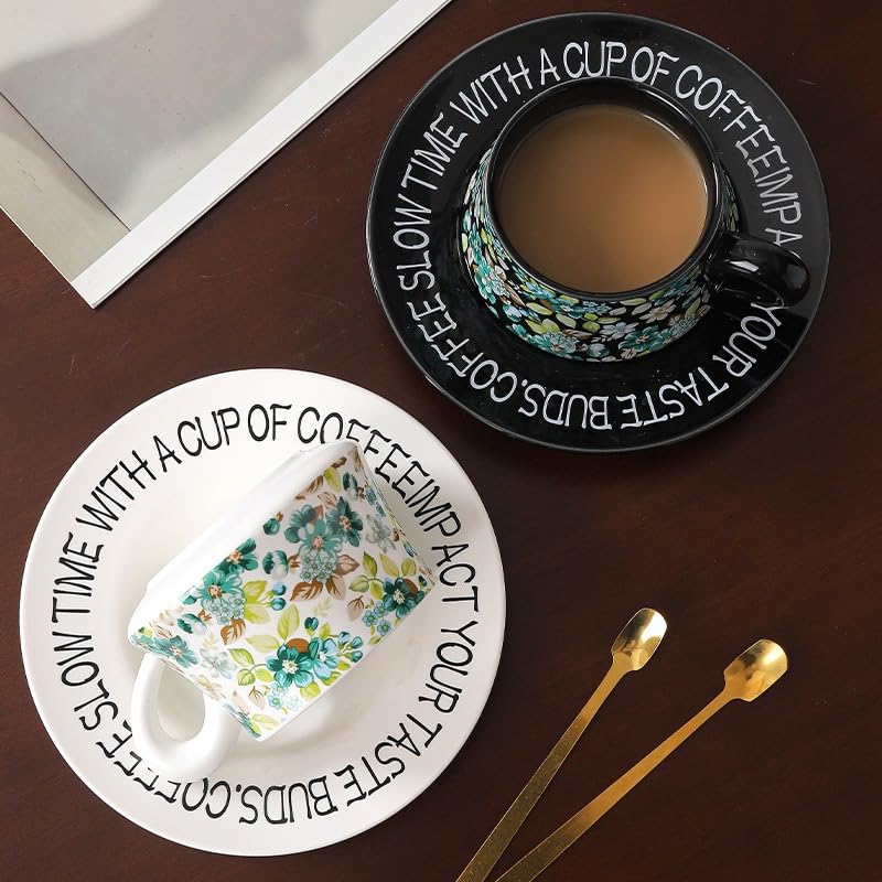 10 oz Elegant Ceramic Coffee Cup and Saucer Set with Gift Box Packaging, Floral China Tea Cup and Saucer Set,Retro Afternoon Tea Cup Set with White Coffee Mug,Valentine's Day Gift for her (White)