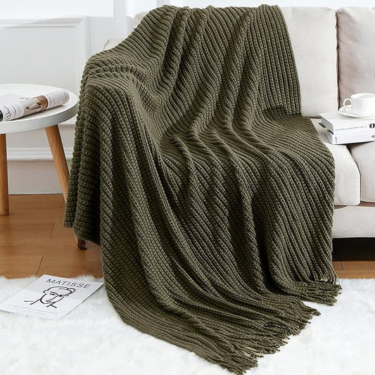 Blagic Knitted Throw Blanket for Couch Soft Farmhouse Boho Throw Blanket with Tassels Home Decorative Lightweight Olive Green Throws for Bed/Sofa, Wheat Textured, 60" W x 80" L - color: B-dark Green, size: 60 × 80 in