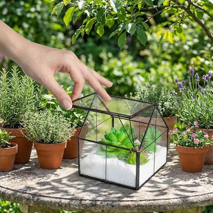 House Shape Glass Terrarium Planter with Swing Lid Black Frame | Black metal frame transparent glass panel, suitable for DIY planting of small succulent plants and mosses - size: 4.3"L x 4.3"W x 4.9"H