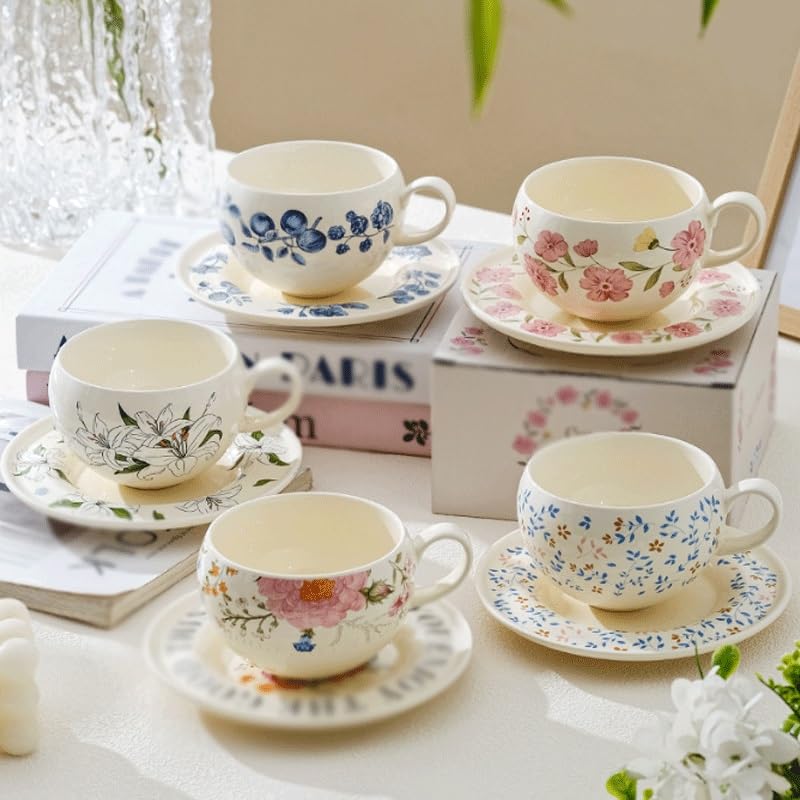 Country Plant Flower Ceramic Tea Cup Saucer Set as Afternoon Gift - color: Style5