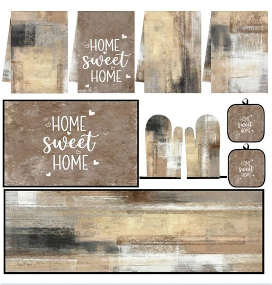 10 Pcs Kitchen Decor and Accessories Set, Abstract Rustic | Modern Beige Brown 4 Dish Towels Kitchen Rugs 2 Oven Mitts 2 Pot Holders, Home Decor for Cooking Baking BBQ Housewarming - color: Abstract