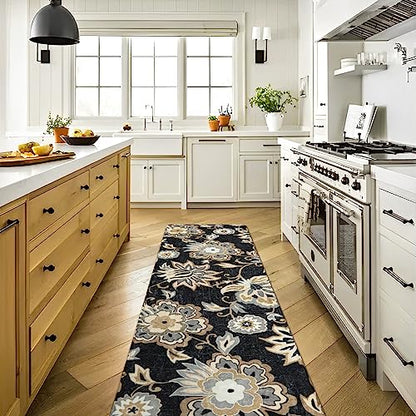 Lahome Floral Washable Runner Rug - 2x6 Runners for Hallways Non-Slip Low-Pile Kitchen Rug, Black Paisley Print Carpet for Laundry Bedroom Entryway （(2’X 6’, Blacak) | Low-Pile Kitchen Rug, Black Paisley Print Carpet for Laundry Bedroom Entryway (2' x 6',