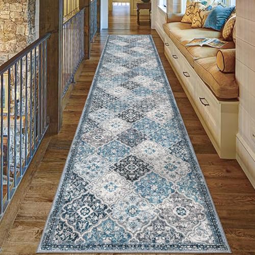 KILOCOCO 2.6x16 Washable Runner Rug, Non Slip Area Rug for Hallway Kitchen | Soft Moroccan Trellis Spill & Stain Resistant Low Pile Carpet for Entryway Office Laundry Bedroom, Easy Clean - color: Blue/Multi, size: 2'7" x 16' (Runner)