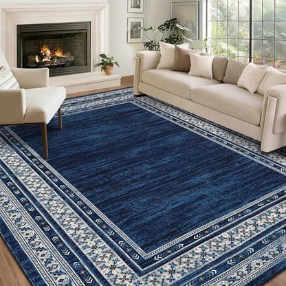 Modern Solid Area Rug 5x7 Washable Non Slip Neutral Rugs for Living Room, Non-Shedding Stain Resistant Bordered Throw Carpet, Neutral Foldable Floor Rugs for Bedroom Dining Table, Blue | Non Slip Neutral Border Non Shedding Stain Resistant Low Pile Foldab