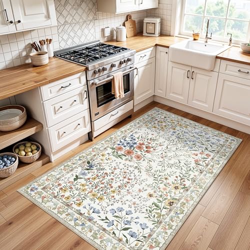 3x5 Washable Entryway Area Rug: Non Slip Floral Washable Entry Rug Living Room Area Rug for Indoor Floor Kitchen Bedroom - Soft Thin Door Mat Carpet Boho Vintage Home Decor (3x5, Beige) - color: Beige, size: 3x5