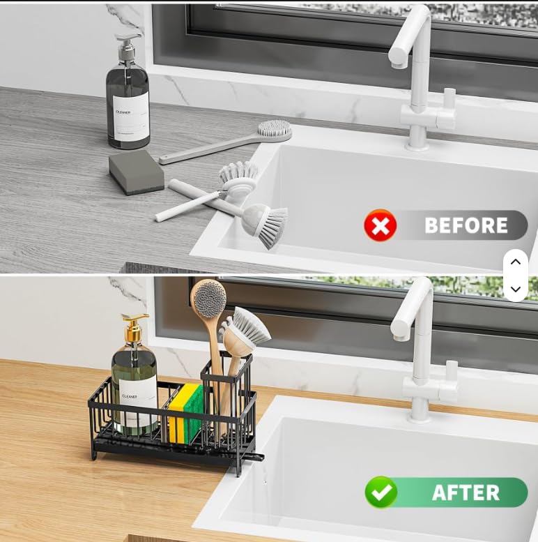 Kitchen Sink Organizer, Large Sink Caddy with Drain Tray, Stainless Steel Sponge Holder, Dish Cloth Rack, Brush Holder, Rustproof Countertop Kitchen Organizer