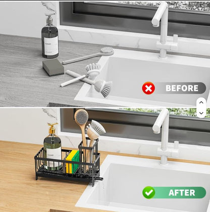 Kitchen Sink Organizer, Large Sink Caddy with Drain Tray, Stainless Steel Sponge Holder, Dish Cloth Rack, Brush Holder, Rustproof Countertop Kitchen Organizer