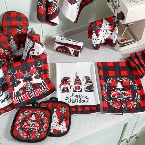 Sratte 20 Pcs Christmas Kitchen Towel Oven Mitts and Pot Holders Set Red and Black Buffalo Plaid Dish Cloths Set Heat Resistant Oven Gloves Hot Pads Reusable Dish Rags, Absorbent Towels