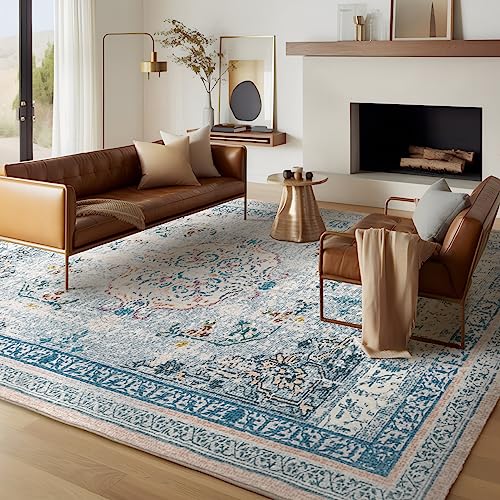 Ashler Boho Rugs, 5x8 Vintage Rugs, Area Rugs, Area Rug for Living Room, Bedroom, Kitchen Dining Room, Blue Home Decor, Non-Slip & Machine Washable Rugs, Carpet Decoration, Blue/Light Pink - color: O-blue/Light Pink, size: 5' x 8' (Rectangular)