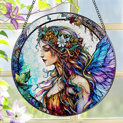 Stained Glass Window Hanging, LAOWEIKI 8'' Fairy Suncatcher, Stained Glass Ornament, Suncatchers for Windows Hanging, Window Decor, Outdoor or Indoor, Gifts for Women, Bestie, Friends - color: Fairy