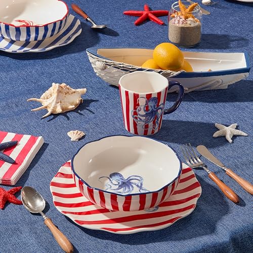 Bico Ocean Wonders Scalloped Pasta Bowls, 36oz Salad Bowl Set of 4, Large Ceramic Serving Dinner Bowls for Soup and Cereal, Microwave and Dishwasher Safe, Gift for Housewarming and Holiday - color: Ocean Creatures