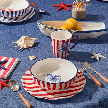 Bico Ocean Wonders Scalloped Pasta Bowls, 36oz Salad Bowl Set of 4, Large Ceramic Serving Dinner Bowls for Soup and Cereal, Microwave and Dishwasher Safe, Gift for Housewarming and Holiday - color: Ocean Creatures