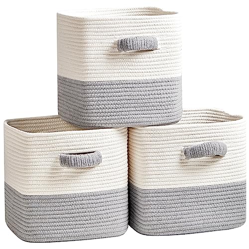 R RUNKA Storage Cube Baskets for Organizing- 3 Pack- 11 inch Square Baskets for Cube Storage, Closet Storage Bins- Woven Cube Storage Bins for Shelves- Ideal for Toy Storage |White & Grey - color: White & Grey