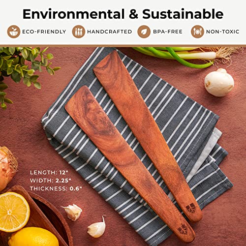 Wooden Spatula for Cooking, 12" Set of 2 - Turner & Scraper for Cast Iron | Flipper for Non Stick & Frying Pan, Egg & Pancake – BPA Free & Heat Resistant Teak Utensils