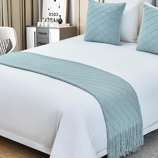 Cotton Knit Bed Runners King Size,Decorative Boho Bed Scarf with Tassel,Soft Solid Color Woven Beds Throw Blanket for Bedroom Home Hotel (Light Blue Diamond Shape 45x45cm/only Pillowcase) - color: Light Blue Diamond Shape, size: 45x45cm/only pillowcase