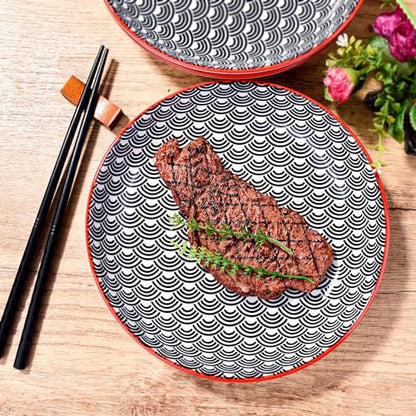 4-Piece Ceramic Salad Plate Set, 8-Inch Round Dessert Plates with Black & White Wave Motif, Modern Serving Dish with Vibrant Red Rim, Microwave & Dishwasher Safe, Stackable Plates for Sushi & Snacks - color: BL
