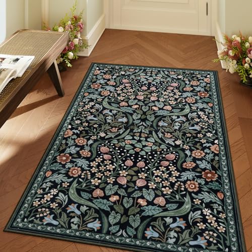 Lahome Dark Floral Rug, 3x5 Soft Moody Botanical Entryway Rug | Vintage Black Flower Washable Area Rug for Front Door, Bedroom, Nursery with Non Slip Backing - color: Black, size: 3' x 5'