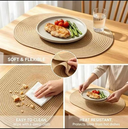 Beige Striped Oval Woven Placemats - Washable, Heat Resistant Cotton Blend Table Mats for Kitchen & Dining, Set of 6 - color: Light Khaki