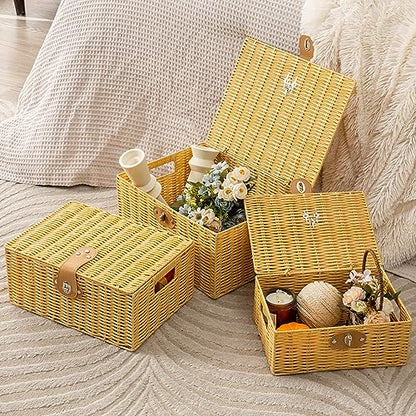 Wicker Storage Baskets with Lids, Set of 3 Decorative Storage Boxes For Organizing, Woven Baskets with Leather Lock and Handles (Beige)