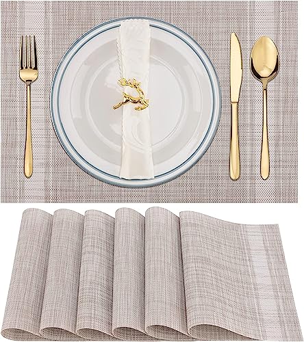 WUBAYI Placemats, Set of 6 Table Mats Heat Resistant Stain Resistant Non-Slip Woven Vinyl Insulation Placemats, Washable Durable Elegant Table Mats for Kitchen Dinning Restaurant(Beige White) - color: Beige White