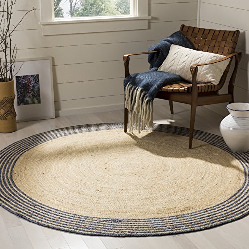 SAFAVIEH Cape Cod Collection Area Rug - 7' Round, Ivory & Blue, Handmade Braided Jute, Ideal for High Traffic Areas in Living Room, Bedroom (CAP204D) - color: Ivory/Blue, size: 7' (Round)