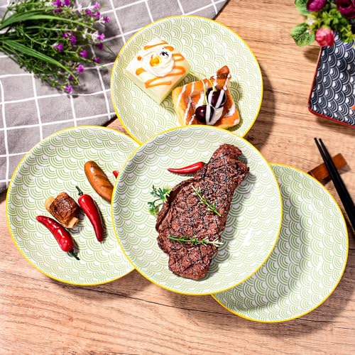 4-Piece Ceramic Salad Plate Set, 7-Inch Round Dessert Plates with Green Wave Motif & Yellow Rim, Multi-Purpose Small Serving Bowls for Appetizers & Snacks, Microwave & Dishwasher Safe, Stackable - color: GBL