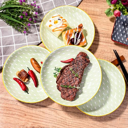 4-Piece Ceramic Salad Plate Set, 7-Inch Round Dessert Plates with Green Wave Motif & Yellow Rim, Multi-Purpose Small Serving Bowls for Appetizers & Snacks, Microwave & Dishwasher Safe, Stackable - color: GBL