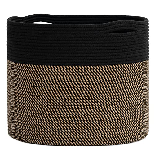 Goodpick Wicker Blanket Basket Living Room, Toy Storage for Playroom, 45L | 15.8 x 15.8 x 13.8 In Toy Storage Basket for Nursery, Blanket Basket for Living room, Laundry Basket, Black & Mix Jute - color: Black & Mix Jute, size: 15.8x15.8x13.8 Inch (Pack o