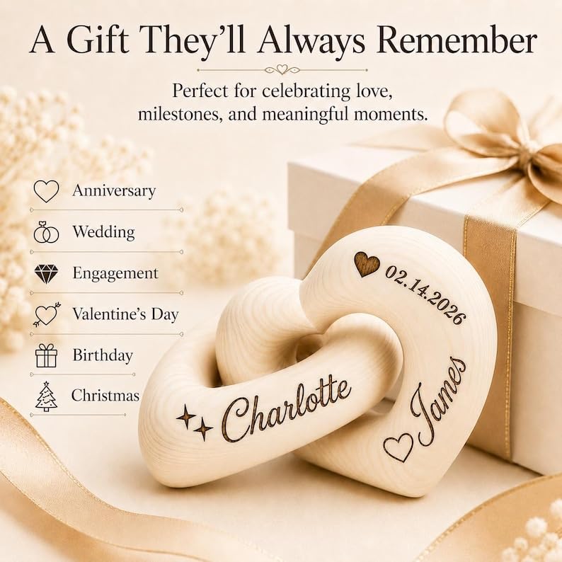 Personalized Interlocking Wooden Hearts, Custom Name Date Engraved Couple Gift, Wedding Anniversary Keepsake, Romantic Decor, Valentine Gift, Bridal Shower Gifts, Engagement Present 1 - color: Design 01