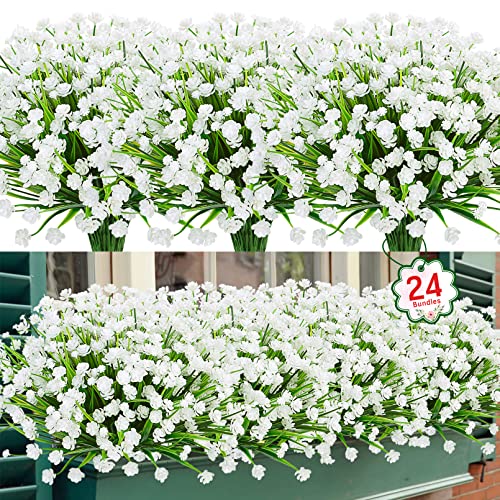 24 Bundles Artificial Flowers for Outdoors Decorations, White | Fake plants, plastic flowers, faux greenery stems, UV resistant, for indoor garden patio window box kitchen home decor - color: White, size: 24 Packs