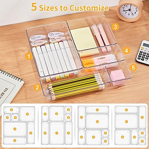 SMARTAKE 13-Piece Drawer Organizers with Non-Slip Silicone Pads, 5-Size | Clear Desk Bathroom Drawer Organizer Trays Storage Tray for Makeup, Jewelry, Utensils in Bedroom Dresser, Office and Kitchen - size: 13 PCS