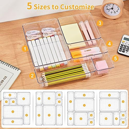 SMARTAKE 13-Piece Drawer Organizers with Non-Slip Silicone Pads, 5-Size | Clear Desk Bathroom Drawer Organizer Trays Storage Tray for Makeup, Jewelry, Utensils in Bedroom Dresser, Office and Kitchen - size: 13 PCS