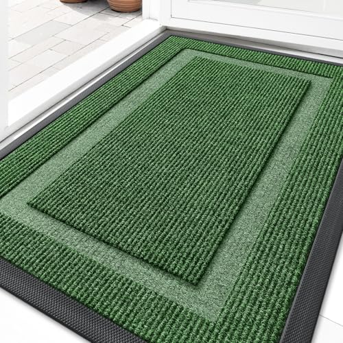 OLANLY Green 2 Piece Set, Indoor Outdoor Entrance Front Door Mat (29.5x17) & Geometric Door Mat (29.5x17)