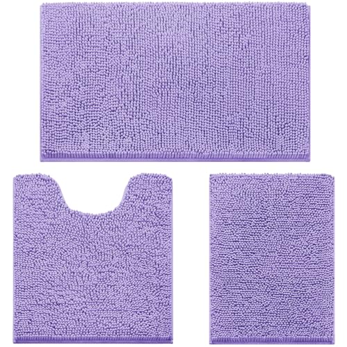 HOMEIDEAS 3 Pieces Bathroom Rugs, Ultra Soft Non Slip Absorbent Chenille Toilet Bath Mat Set (Lavender) - color: Purple-lavender, size: 17"x24"+20"x32"+U Shape 20"x24"