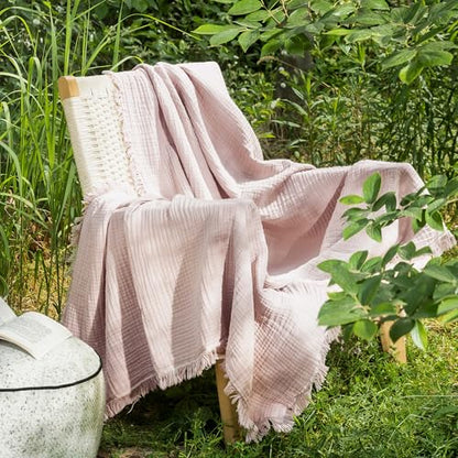 MooMee 100% Cotton Muslin Blanket, Fringed 4-Layer Gauze Bed Couch Throw | Soft Breathable Lightweight Thin Coverlet Summer Blankets for Adults, Bed & Couch All Seasons, Greyish Pink, 50" x 60" - color: Greyish Pink, size: Throw