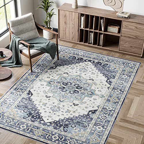 Dripex Vintage Washable Area Rug - 3x5 Entryway Rug for Indoor Door Mat Low-Pile Non-Slip Bedside Rug Bedroom Oriental Medallion Floral Print Carpet Soft Accent Rug Farmhouse Office Home Decor - color: Teal/Multi, size: 3' x 5' (Rectangular)