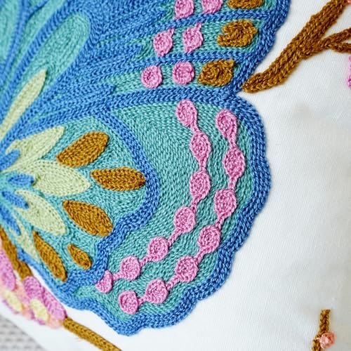vctops Floral Butterfly Embroidered Pillow Covers 18x18 Inch Spring Summer Cotton Tufted Throw Pillow Cover Outdoor Garden Cushion Case for Sofa, Bed, Living Room (Butterfly,18"x18") - color: Butterfly