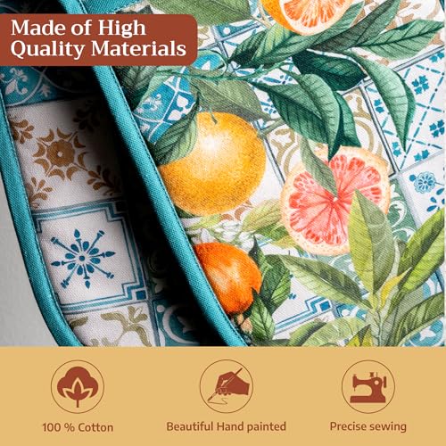 Maison d' Hermine Double Oven Mitts 100% Cotton Double Oven Glove (7"x35") | Heat Resistant BBQ Cooking Gloves with Loop Baking Grilling Kitchen Hotel Home Farmhouse Spring Summer - Agrume - color: 010 - Agrume, size: 7" x 35" (Double Oven Mitt)