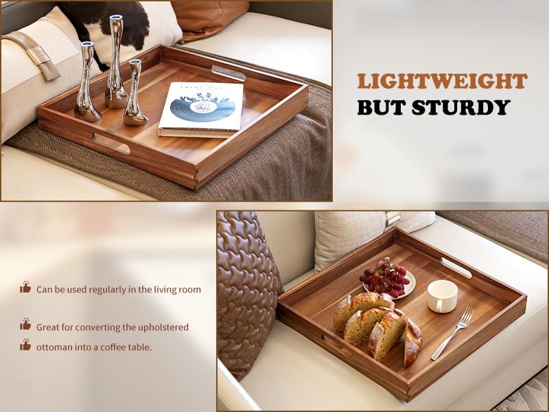 Large Ottoman Tray for Living Room, 20" Extra Large Wooden Tray for Ottoman Square Big Acacia Serving Trays with Handles for Coffee Table, Breakfast, Appetizers, Dinner - color: 20" Square Tray - Acacia