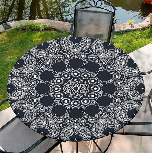 Round Fitted Tablecloth with Elastic Edge, Stain Resistant Waterproof Fabric Table Cover for 32"-36" Round Table, Indoor Outdoor Dining, Kitchen Decor, Camping, Holiday, Party, Paisley White - color: Paisley White, size: 36" (Round)