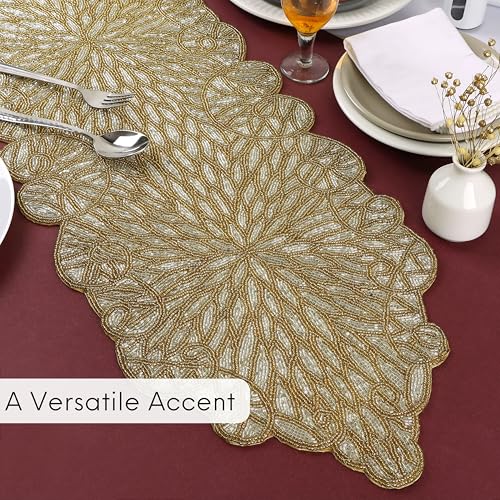 Gold Beaded Table Runner, Metallic, 13x36 | 85% glass beads, 15% polyester backing, handcrafted, shimmering metallic finish, weddings, Christmas, wipe-clean care - color: Silver Golden, size: 36"x13"