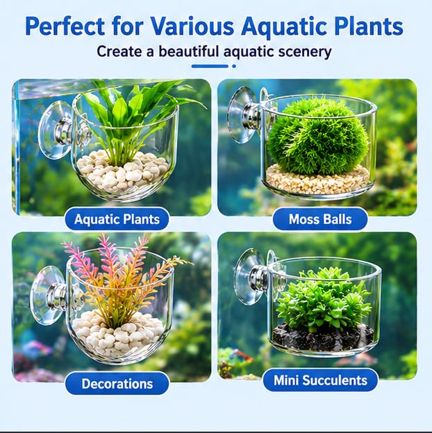 2Pcs Aquarium Plant Pot, Fish Tank Planter with Suction Cups, Plants Holder Decoration Cup