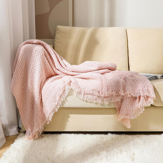 Knit Decorative Throw Blanket Boho Waffle Soft Throw Blanket for Bed Couch Sofa (Pink, 50" x 60") - color: Pink, size: 50" x 60"