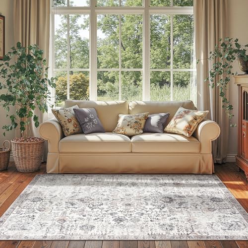 jinchan 4x6 Vintage Floral Area Rug, Washable Rug, Grey | Distressed Floral Design, Soft Low Pile Surface, Non Slip, Easy Care, Pet Friendly, Living Room Bedroom Home Office - color: Distressed Grey Multi, size: 4' x 6' (Rectangular)