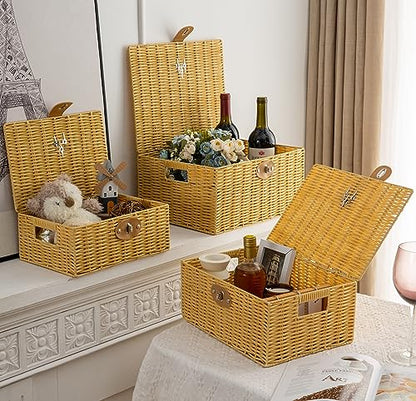 Wicker Storage Baskets with Lids, Set of 3 Decorative Storage Boxes For Organizing, Woven Baskets with Leather Lock and Handles (Beige)