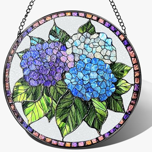 8-Inch Stained Glass Ornament, Stained Glass Window Hanging, Window Hanging Decor Suncatcher, Blue Hydrangea Ornament | Christmas, Mother's Day, Birthday | Gifts for Mom, Garden Gifts for Friends - color: Hydrangea