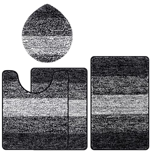 Bsmathom Bathroom Rug Set 4 Piece, Plush Microfiber Bath Mat, Black | Super Water Absorbent, Non Slip Machine Washable Bath Rug Sets with Toilet Lid Cover and U-shaped Contour Toilet Mat - color: Black, size: 18"x26"+20"x31"+U20"x24"+Cover19"x21"