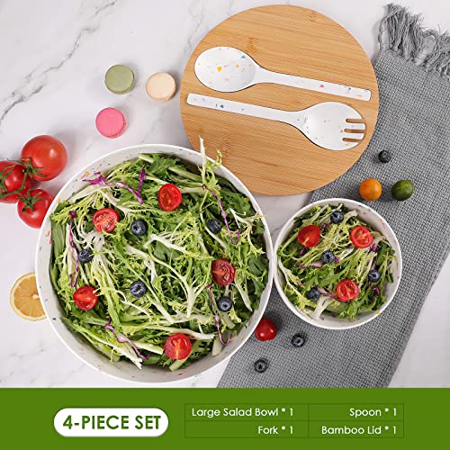 ECOWAY Melamine Salad Bowl with Bamboo Lid & Servers, Bamboo Fiber Salad Serving Bowl 4Qt, Salad Mixing Utensils with Tongs Spoon for Salad, Fruit, Soup, Vegetables, Pasta, Dessert Bowls, 9.84 Inches - color: Marbling with lid
