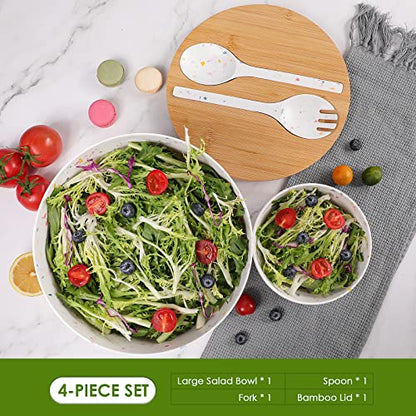 ECOWAY Melamine Salad Bowl with Bamboo Lid & Servers, Bamboo Fiber Salad Serving Bowl 4Qt, Salad Mixing Utensils with Tongs Spoon for Salad, Fruit, Soup, Vegetables, Pasta, Dessert Bowls, 9.84 Inches - color: Marbling with lid